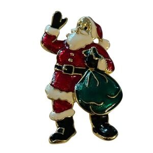 VTG Santa Claus Brooch Pin Enamel Glittery Signed SFJ Gold Tone Holding Gift Bag